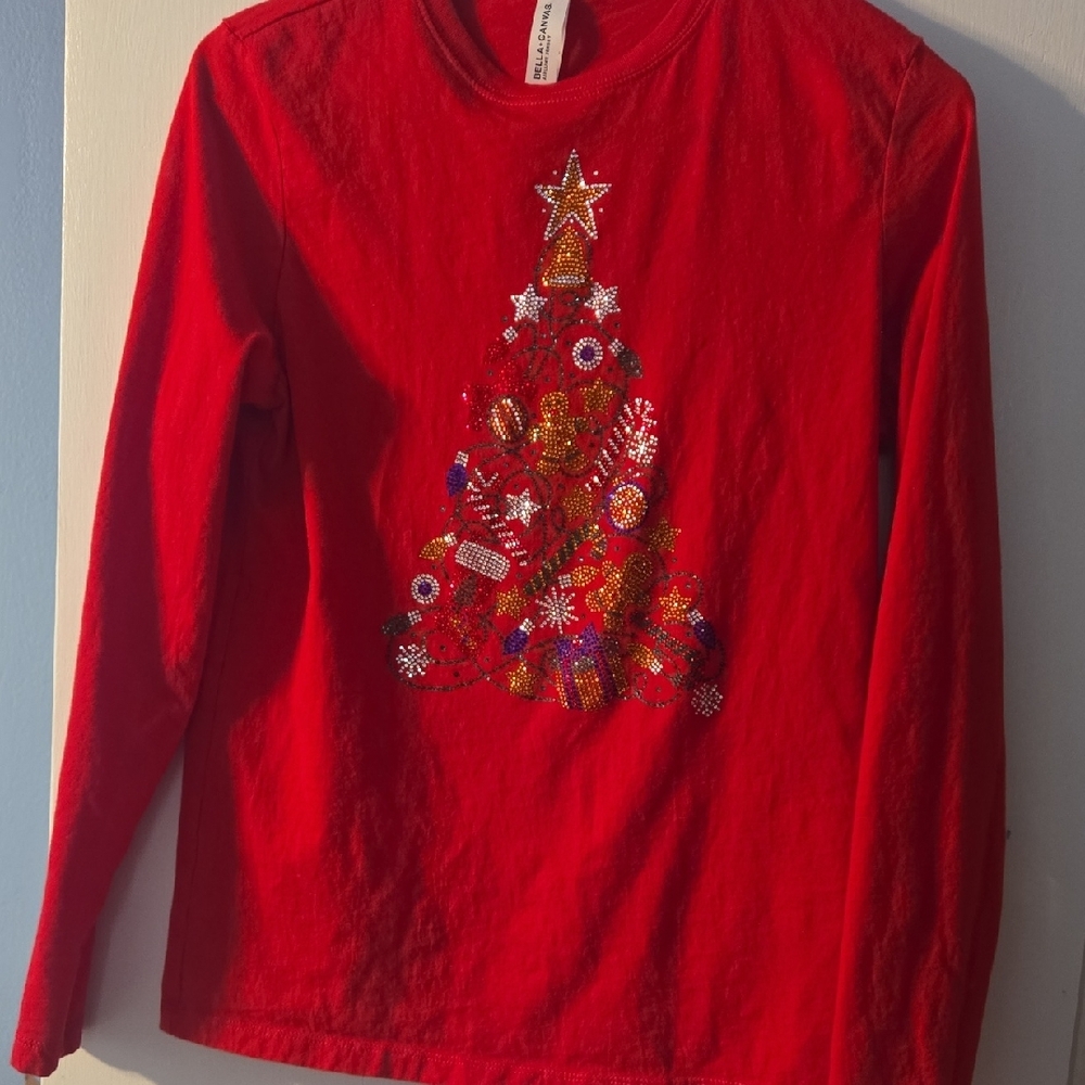 Festive Red Long Sleeve Tee with Christmas Tree Design